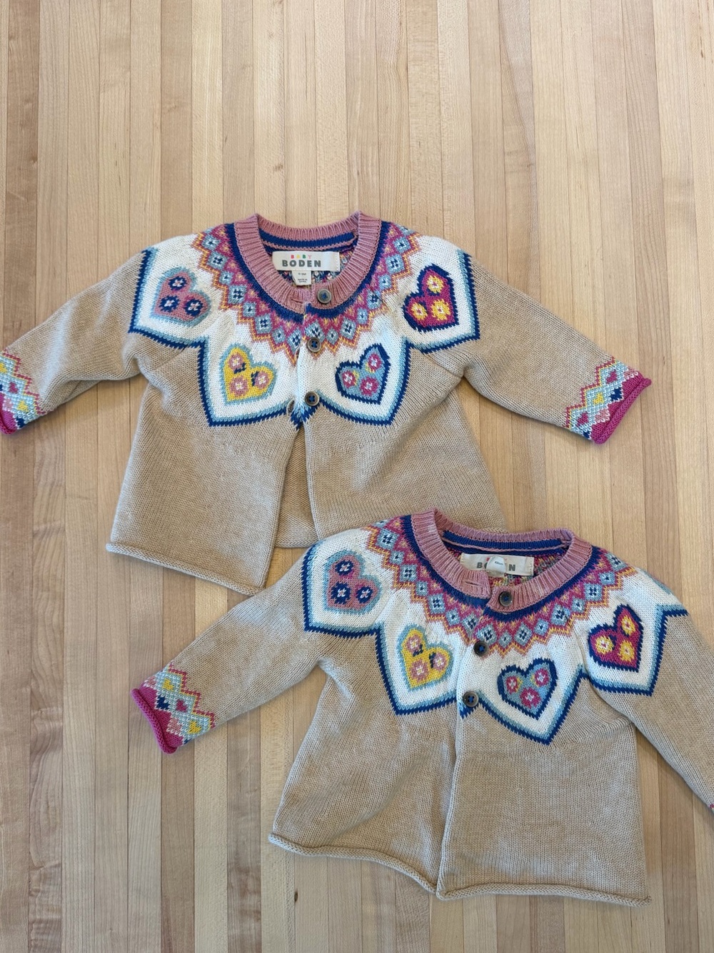 Baby Boden Cream Fair Isle Heart Cardigan - 2 Pack